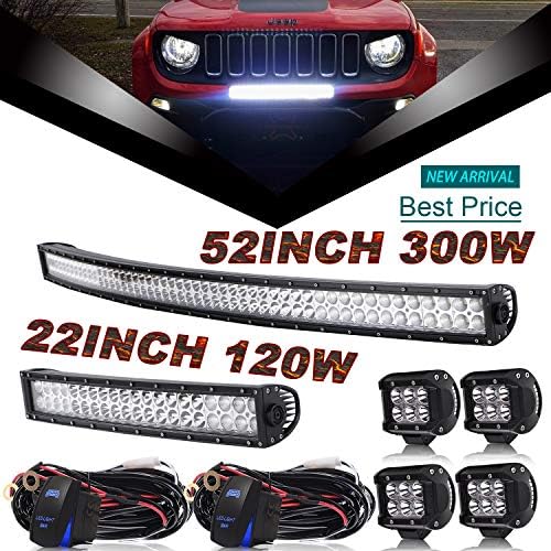 50Inch 684W Curved Led Light Bar + 22Inch 306W Curved Led Light Bar Triple Row + 4Pcs 4Inch 60W Led Lights W/Rocker Switch Wiring Harness for Trailer Boat SUV ATV Jeep Wrangler Dodge Chevy Ford Tract