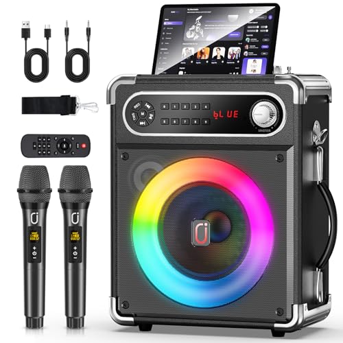 JYX Karaoke with 2 Microphone, 6.5 Inch Portable System, 80 W Bluetooth 5.3 Speaker, Treble/Bass Controls and LED Light, TWS Compatible, USB/TF/FM Radio, Recording Function, Black