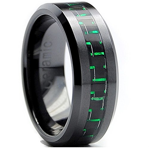 8MM Flat Top Men's Black Ceramic Ring Wedding Band With Black & Green Carbon Fiber Inaly Size 10.5