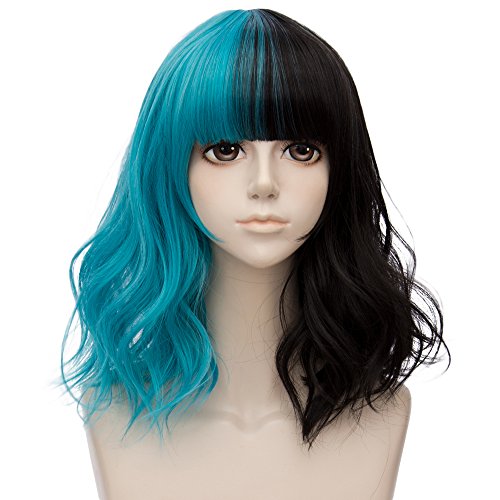 TOPMAX Curly with Bangs Heat Resistant Cosplay Wig Fashion Lolita Women's Party, Turquoise Blue Mixed Black