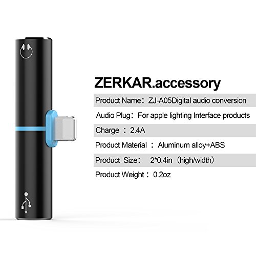 ZERKAR iPhone 7 Adapter & Splitter, 2 in 1 Dual Lightning Headphone Audio & Charge Adapter for iPhone 7 / 7 Plus, iPhone 8 / 8 Plus, iPhone X (Black)