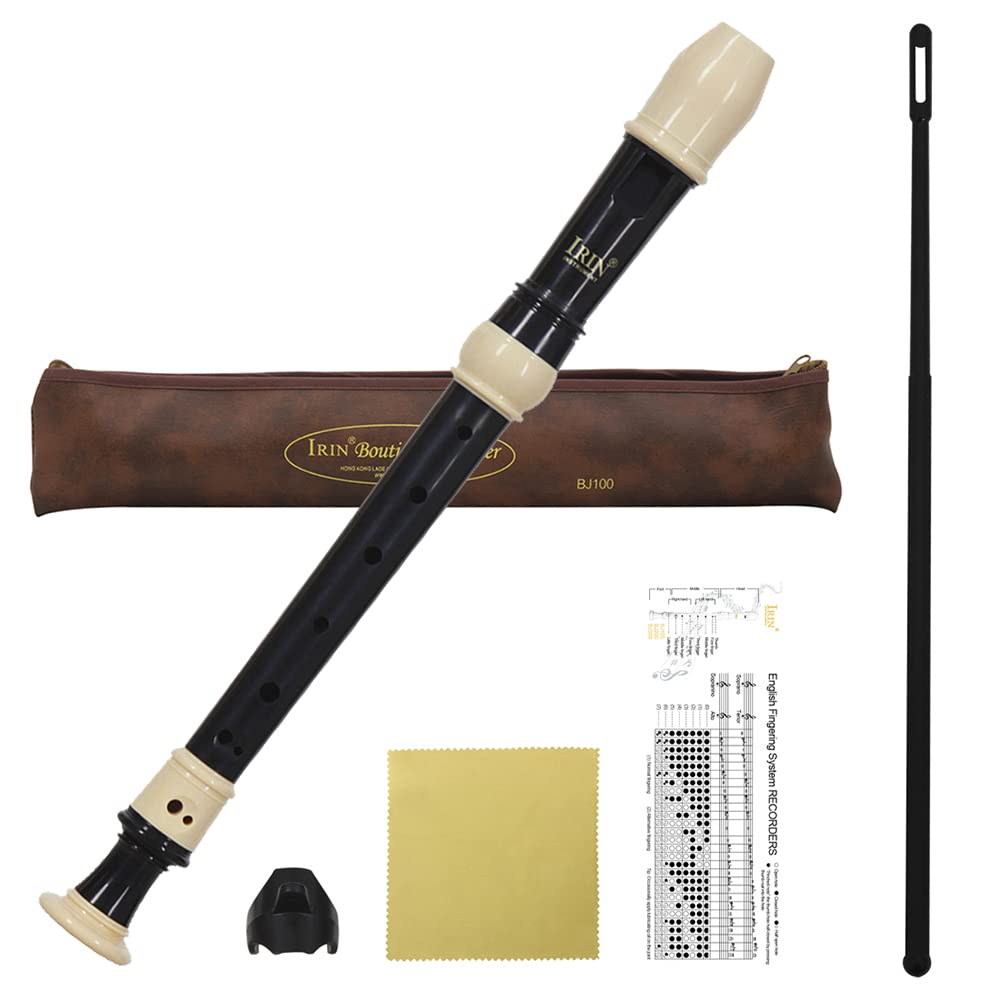 Heysland Descant Recorder Professional Detachable ABS Soprano 8 Hole Baroque Style Recorders Instrument with Thumb Rest Storage Bag Fingering Chart Classroom Wind Instruments Black