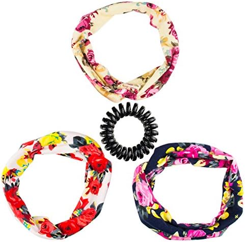 3 Pack Cotton Headbands Elastic Boho Printed Floral Head Wrap Headband for Girls and Women （3 Pack Headband + 1 Circular Hairband）