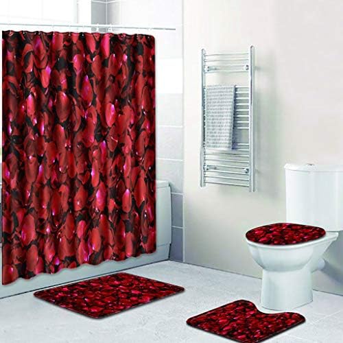 NIHAI 4 Piece Bathroom Set, Flower Pattern Waterproof Shower Curtain Set, Anti-Slip Water Absorption Soft Bathroom Set, Toilet Lid Cover and Bath Mat (D)