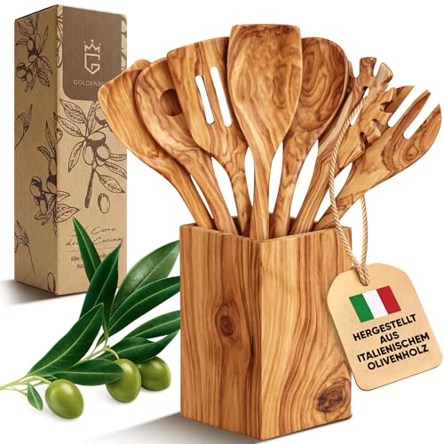 GOLDENBERG® Premium Kochlöffel Set + Halter | 8-teilig | feinstes italienisches Olivenholz | antibakteriell & langlebig | 2x Pfannenwender Holz, 2x Ko