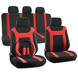 OxGord 17pc Set Flat Cloth Mesh Red Black Y Stripe Seat Cover Set-Airbag-Front Low Buckets-50-50 or 60-40 Rear Split Bench-5 Head Rests-Universal Fit for Car, Truck, Suv, or Van-Steering Wheel Cover