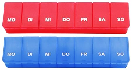 com-four® 2X Medikamenten-Box in blau und rot, Aufbewahrung für 7 Tage (02 Stück - blau/rot)