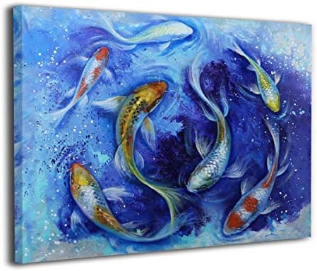 Maxwellmore Blue Japanese Koi Fish Canvas Painting Wall Art Pictures Decor for Home Living Room Bedroom 16"x20"