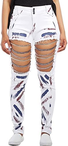 LIYT Women's Fashion Slim Fit Paint Chain Ripped Hole Jeans Pencil Pants