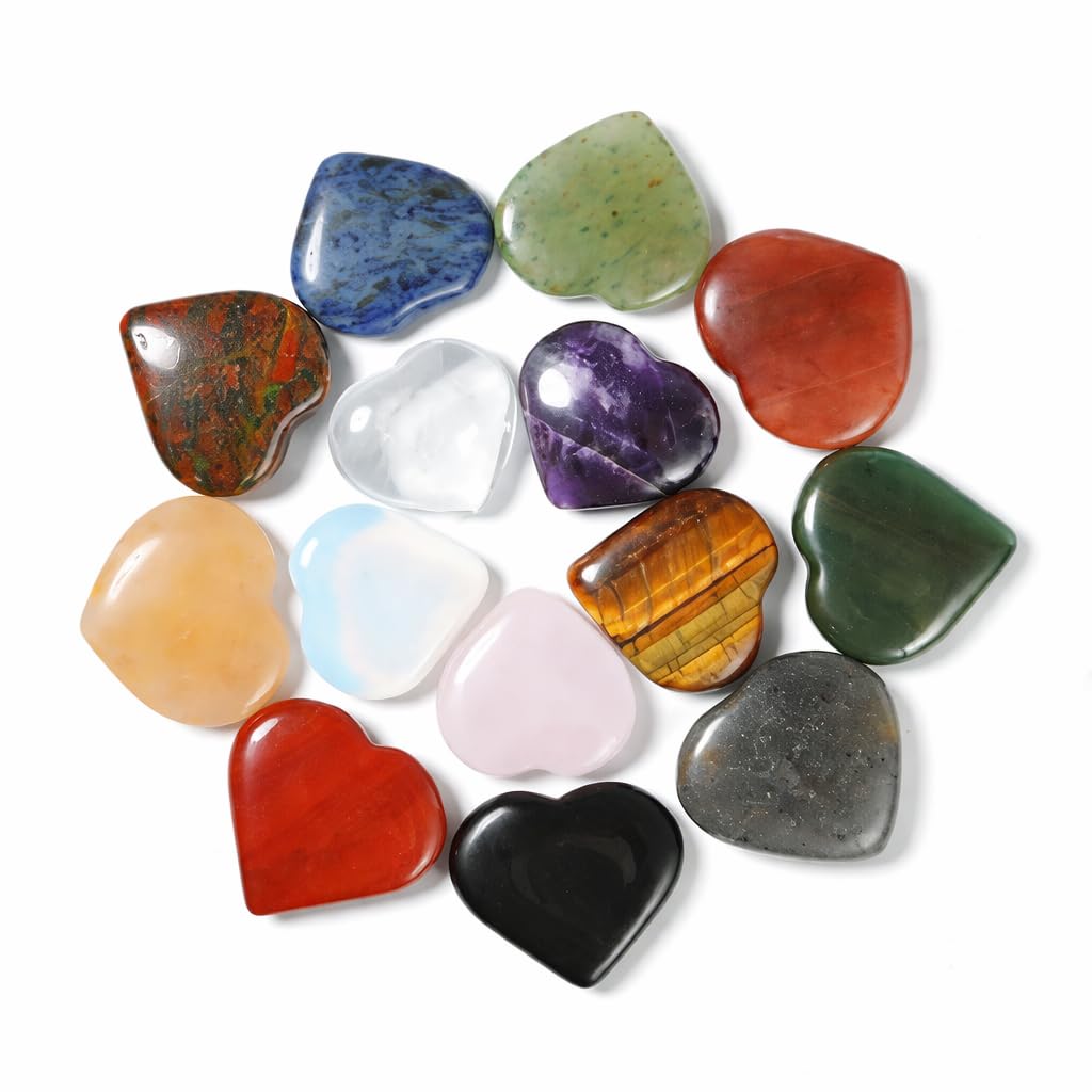 Crocon® 14 Pcs Assorted Heart stone 25mm Mini Heart Shape gemstone Puff Stones Set 750+ Carats Pocket Crystal Healing Tumble Collection Palm Worry Stone Good Luck Meditation Gift Craft Home Decor
