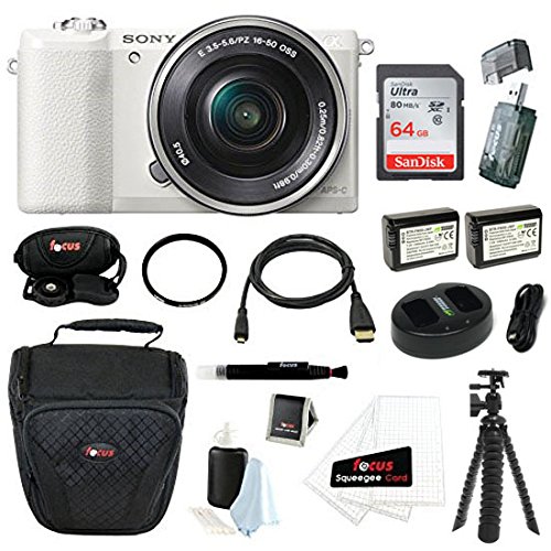 Sony-Alpha-a5100-with-16-50mm-Lens-24MP-Mirrorless-Interchangeable-Lens-Digital-Camera-White-Sony-32GB-CLass-10-Memory-Card-Wasabi-NP-FW50-Battery-w-Charger-Accessory-Bundle