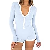 REVETRO Spring V Neck Jumpersuits for Women Long Sleeve Shorts Romper One Piece Bodysuit Y2k Pajamas for Yoga Gym