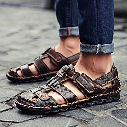 Yomiafy Men's Sandals Summer Outdoor Leather Fisherman Shoes Closed Toe Casual Beach Sandals(Brown,US:10.5)