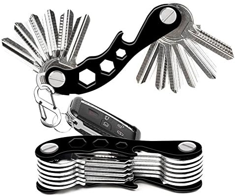 TIANXIN Compact Key Organizer Up to 14 Keys - Smart Keychain Holder Multi-Function Pocket Key Gadget - Lightweight Compact Practical Multi Tool Key Chain With Carabiner Father Day Gift (Black)