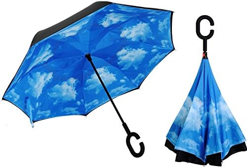 Inverted Umbrella Double Layer Large Reverse Umbrella with UV protection C Shape Handle Blue Sky