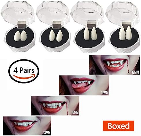 QJXF Vampire Teeth Fangs Dentures - 4 Pair - Cosplay Props Halloween Costume Props Party Favors Photo Prop Trick Toy Included 4 Storage Boxs