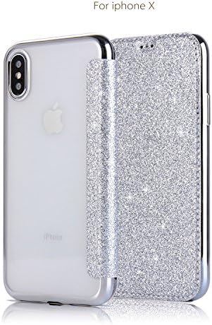 iPhone X Wallet Case, B4Uebuy Shiny Glitter Bling Sparkle Drop Protection Shockproof Luxury Clear Transparent TPU Back Wallet With Card Slot for iPhone X (Silver)