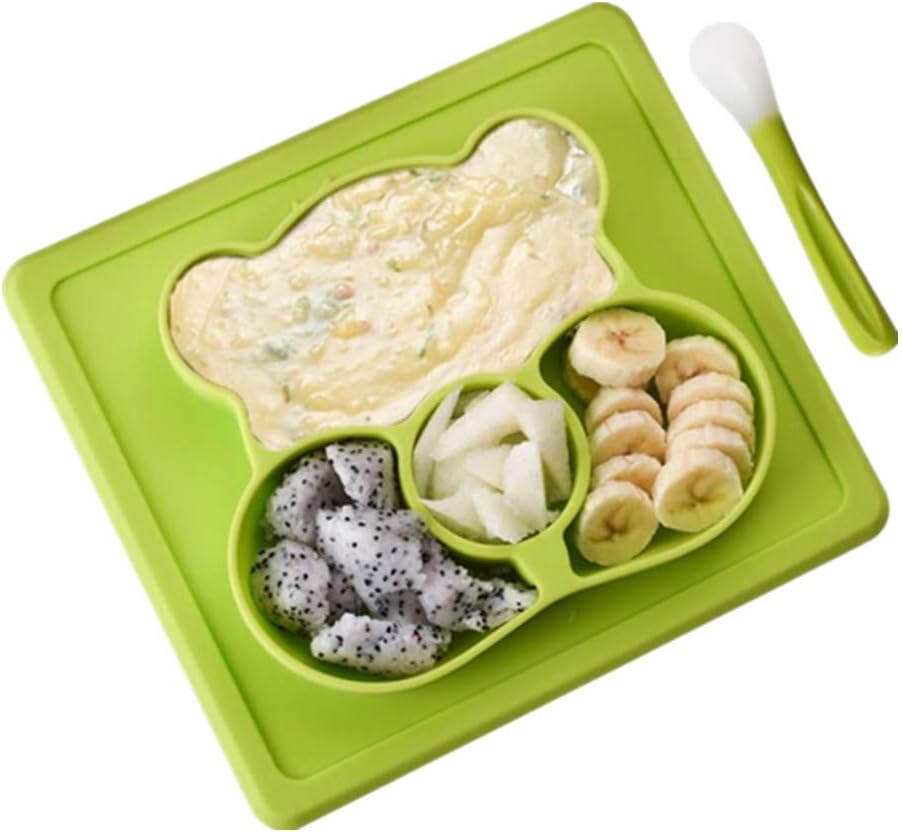 KeepingcooX Silicone Grip Dish with Spoon, Suction Plate, Divided Plate, Baby Toddler Plate, Microwave Dishwasher - Non Slip Happy Bear Kids Placemat Feeding Set, Weaning Age 6 Month+, Green