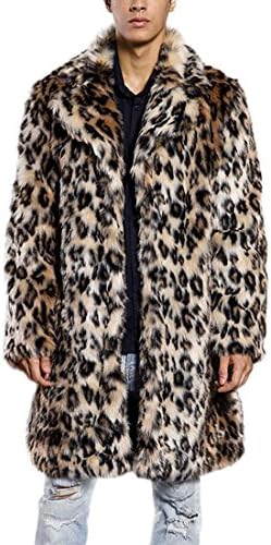 JTENGYAO Men's Faux Fur Coat Long Overcoat Lapel Leopard Outerwear Winter Jacket