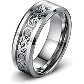 SWOPAN Men's Celtic Dragon Ring 8MM Silver/Black/Blue/Red/Gold Carbon Fiber Stainless Steel Wedding Band for Men Women Engagement Bands High Polished Beveled Edges Promise Rings Comfort Fit Size 5-13