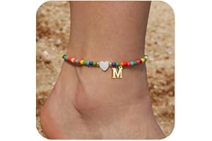 Honsny Ankle Bracelets for Women Initial Anklets Waterproof Boho Beaded Dainty Ankle Bracelets for Teen Letter Heart Handmade Adjustable Foot Chain Anklet Summer Vacation Colorful Jewelry Gift