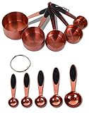 Measuring Spoons and Cups Set in Rustic-Copper plus 2 Clip Rings by Silky Road | Dishwasher Safe | Black Rubber Grips | Stackable Nesting Copper-Plated Stainless Steel