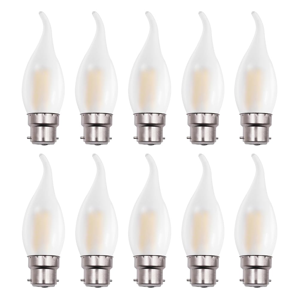 BELINGGO B22 Dimmable Bayonet LED Light Bulbs, B22d Candle Filament Chandelier Bulb, C35 Soft Warm White 2700K Frosted Glass Flame Shape Bent Tip, Energy Saving Light Bulbs, 10 Pack
