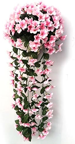 Hanging Wall Artificial Fake Silk Violet orchid Flower Rattan Plant Basket Décor Pink