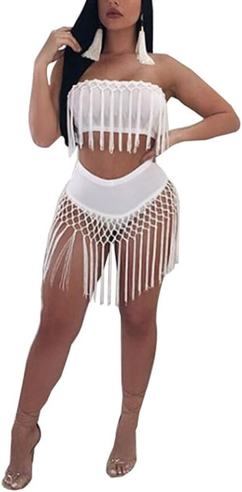 2 Piece Skirt Set for Women Clubwear Sexy Sleeveless V Neck Crop Top Feather Sequin Bodycon Mini Dress Outfits