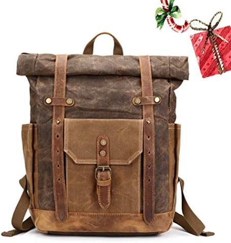 Vintage Canvas Leather Bag Commuter Backpack Waxed Canvas &amp; Leather Laptop Backpack Work-to-weekend Travel Backpack 11.8" x 5.1" x 19.7"（Coffee Brown）
