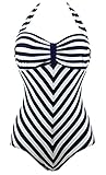 Cocoship Retro Navy White Striped One Piece Monokinis Chevron Lines Swimsuit(FBA)