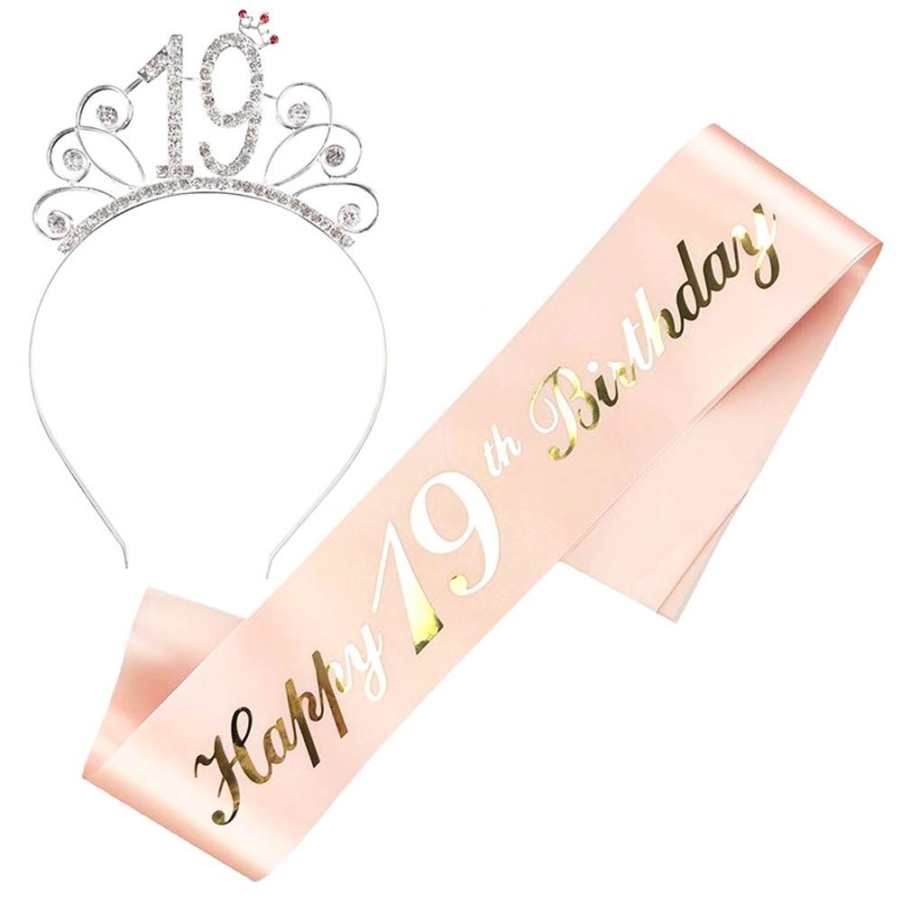 JKJF 19th Birthday Sash and Tiara Set Happy 19th Birthday Sash 19th Birthday Crystal Tiara Rhinestone Crown Headband for Ladies Women Birthday Gift Birthday Decoration Party Supplies - Rose Gold 2 pcs