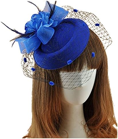 Women Fascinators Hair Clip Headband Flower Veil Pillbox Hat for Wedding Party Royal Blue