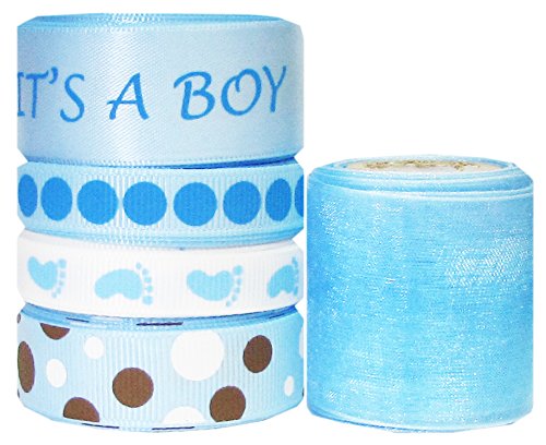 Hipgirl 25 Yards It s a Boy Baby Shower 3/8" - 1.5" Grosgrain, Satin, Organza Sheer Fabric Ribbon Set, Foot Prints For Gift Package Wrapping, Hair Bow Clips & Accessories Making, Crafting, Sewing