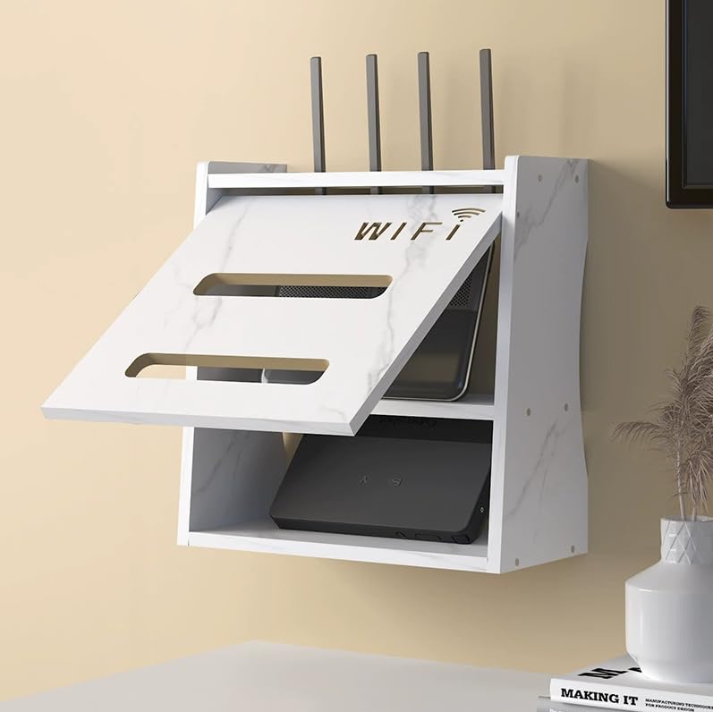 HFGHGDF Router Cabinet, Router Shelf, 2-Tier Router Storage Box, Wall Mounted/Desktop, Router Storage Rack for Storage Hub, Plug, Internet Cables, Devices etc. (White)