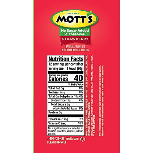 MOTT’S NO SUGAR ADDED STRAWBERRY APPLESAUCE, 3.2 OZ CLEAR POUCHES, 12 COUNT