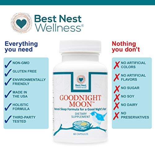 Goodnight Moon Natural Sleep Aid, 60 Non-Habit Forming Capsules, Herbal Sleep Aid, with Melatonin, Chamomile, Valerian, Magnesium, Relaxation & Sleeping Supplement Pills, Best Nest Wellness