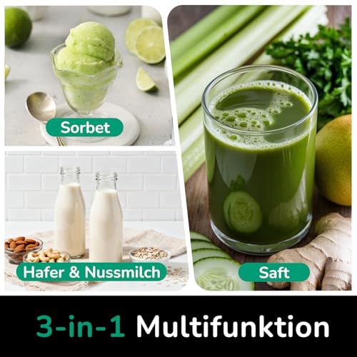 Spremiagrumi con foro di riempimento extra large 150 mm, filtro 3 in 1 (per succo, sorbetto e latte di noci), volume di riempimento 2,6 l, spremiagrumi lento con motore AC, sistema