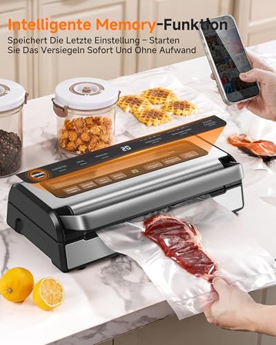 Vacuum Sealer 95 kPa, 9-in-1 Food Vacuum Sealer with Adjustable Time & Pressure Mode, Memory Function, Double Seal, Integrated Cutter & Bag Storage, Includes 2 Rolls & Hose