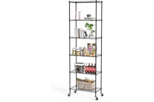 NATRKE 6-Tier Storage Shelf Wire Shelving Unit, Adjustable Heavy Duty Storage Shelves for Kitchen Organization, with Leveling Feet and Lockable Wheels, Black (21.26 Lx12 Wx69 H)