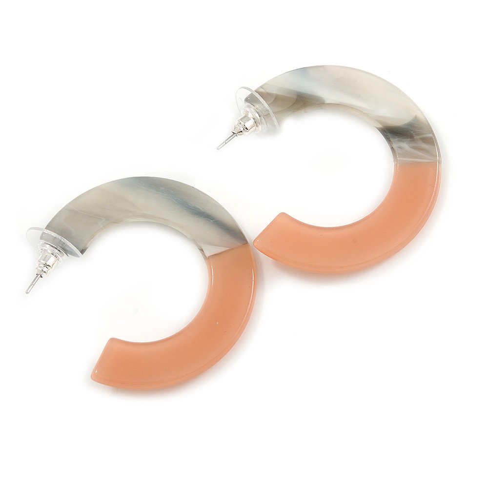 40mm Trendy Marble Grey/Light Coral Acrylic/Plastic/Resin Half Hoop, Geometric Earrings with Silver Tone Closure