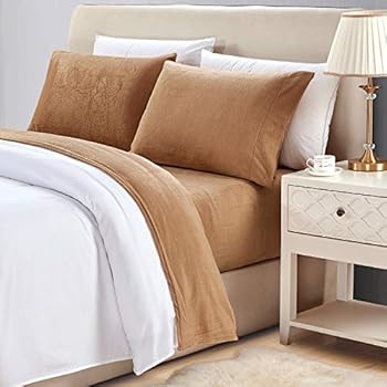 Viviland Plush Micro Fleece Bed Sheet Set, Extra Warm Polar Fleece 4 Pcs Winter Bed Sheets, with Deep Pocket, Taupe, Cal King