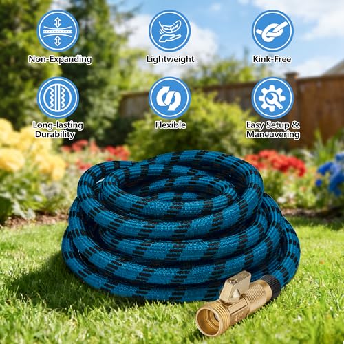 75FT Garden Hose, Lightweight Flexible Water Hose, 5/8" Kink Free Leak Proof Hose, Heavy Duty 96-Layer Woven with 3/4" Brass Fittings, 10 Function Nozzle for Yard Lawn Outdoor Car Wash(BlueBlack)
