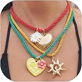 NOVYRA Boho Beach Layered Necklace For Women Summer Colorful Rope Cords Dopamine Heart Sun Daisy Pendant Necklace Fashion Charm Beach Holiday Party Jewelry