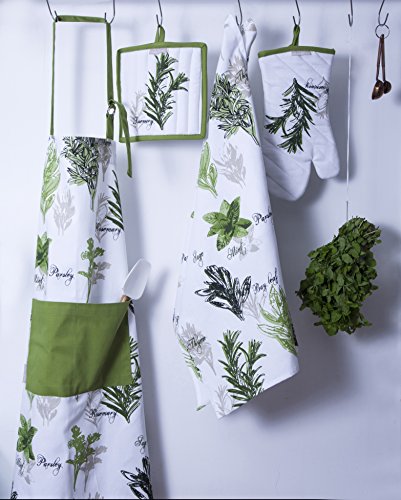 Set of Apron, Oven Mitt, Pot Holder, Pair of Kitchen Towels in a Unique Herb Garden Design, Made of 100% Cotton, Eco-Friendly & Safe, Value Pack and Ideal Gift Set, Kitchen Linen Set By CASA DECORS