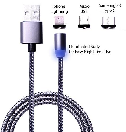 Magnetic Charging Cable Charger Type-C Micro USB Lightning 3-in-1 Adapters for Android iPhone Tablet Macbook Galaxy S4 S5 S6 S7 S8 Edge Pixel Devices Nylon Braided Silver 3.5 Foot Illuminated