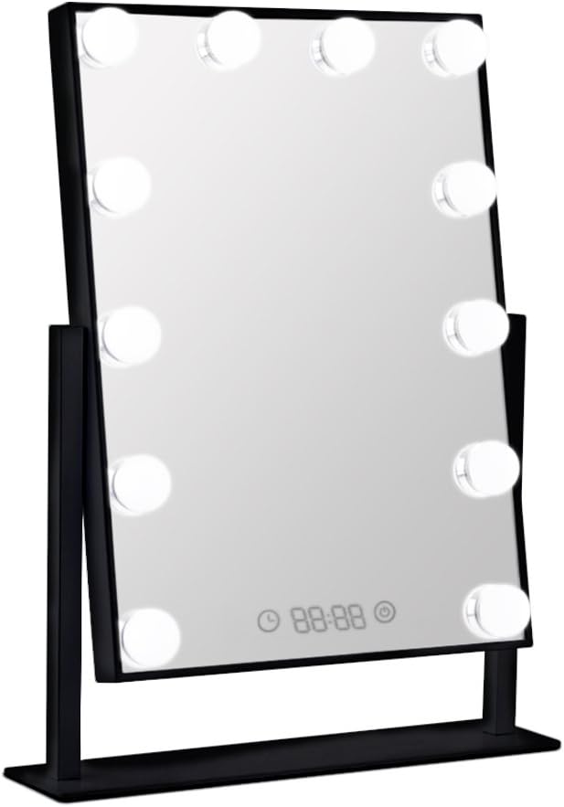 Orient Light LED Vanity Mirror Hollywood Style Makeup Tabletops, Large Cosmetic Mirror with 12 x 3W Super Bright Dimmable Touch Control Lighted Bulbs and Clock, Black