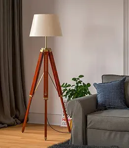 Wooden Tripiod Floor Lamp for Bedroom with Beige-Natural off jute Shade, Lamp for Living Room Drawing Room Guest Room Brown Brass Antique Adjustable Height (Pack of 1)