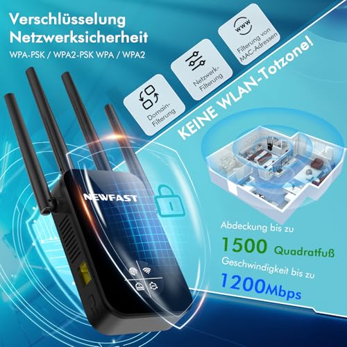 NEWFAST WLAN Amplifier, 1200 Mbps WLAN Repeater Dual-Band WiFi Extender with 4 Swivelling Antennas, WPS,MU-MIMO, Support Repeater/Router/Ap Mode for Home and Office, 1-Tip Setup, EU Plug