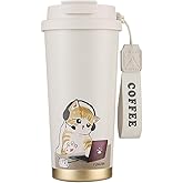 Funkrin Coffee Travel Mug with Straw & Flip Lid, 16oz Insulated Tumbler Cup with Ceramic Coating, Double Wall Vacuum Leak-Proof Mug for Office School Party Camping